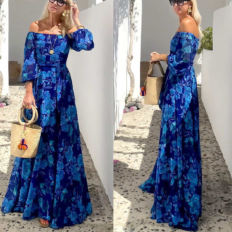 👗Elegantna dolga obleka brez naramnic s kaskadnimi cvetličnimi vzorci-GR