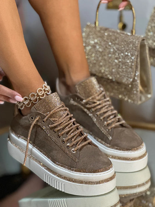 Suede sneakers με στρας και κορδόνια-GR